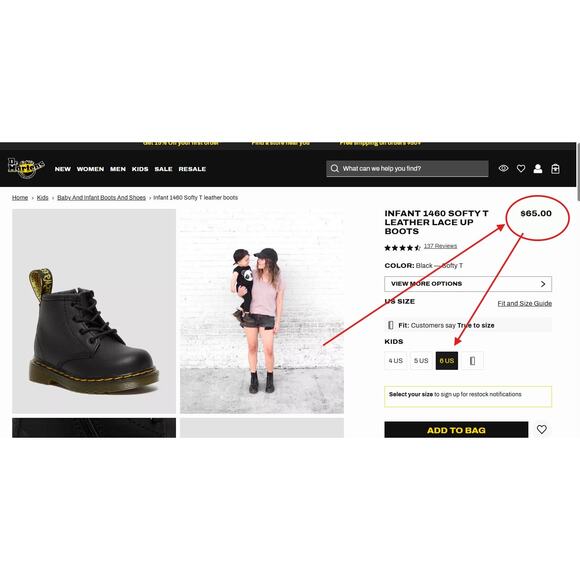 Dr. Martens Infant 1460 Softy T Leather Lace Up Boots Size 6 Black MSRP $65 - Picture 2 of 9